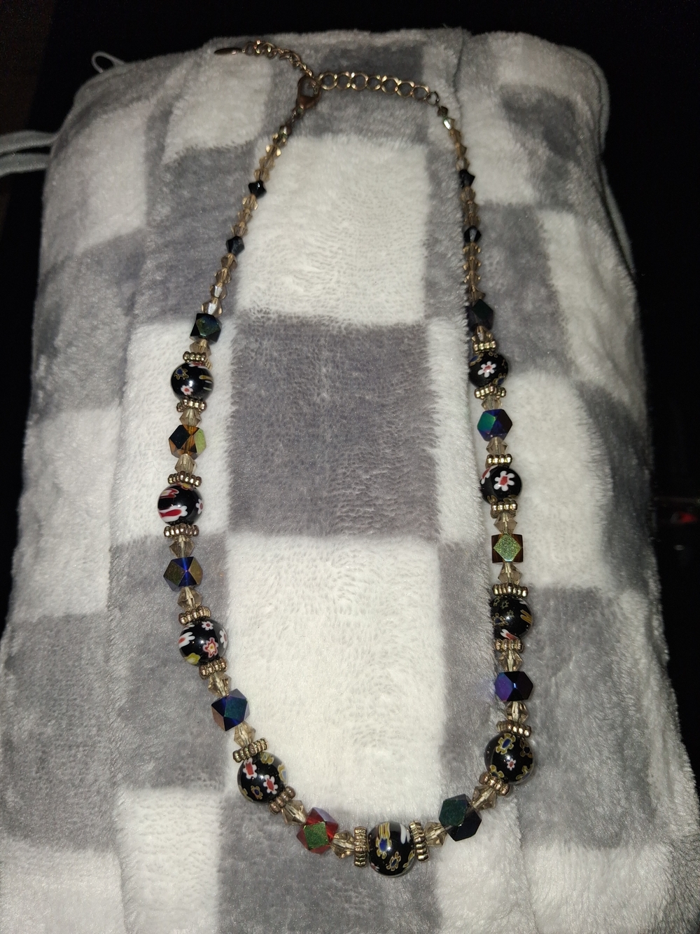 Black Floral Glass Bead Necklace with Gold Accents